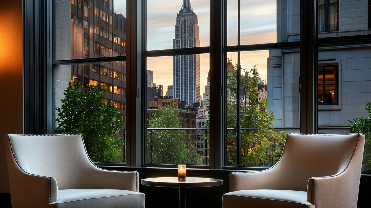 Two armchairs facing tall windows overlooking the Empire State Building at dusk, a lit candle on the table between them